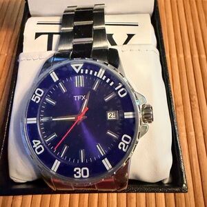 TFX by Bulova men wrist watch silver tone analog blue dial